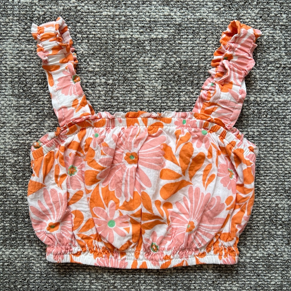 aerie White Crop Top with Pink & Orange Floral Print